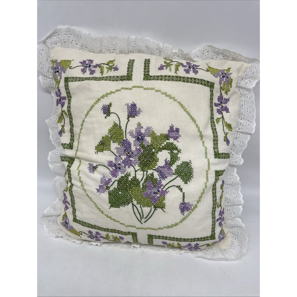 Vtg Hand Cross Stitched Pillow Violets Purple Lace Cottage Granny Core 13 X 14